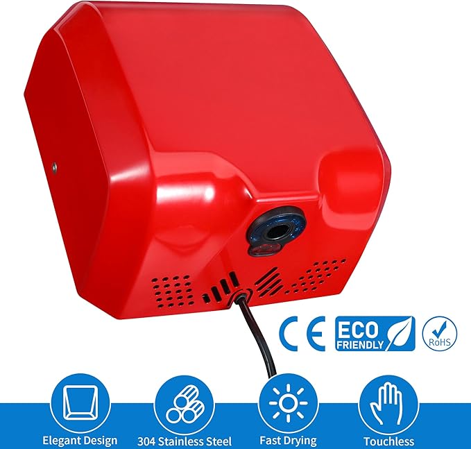 Goetland Stainless Steel Commercial Hand Dryer 1800w Automatic High Speed Heavy Duty Red