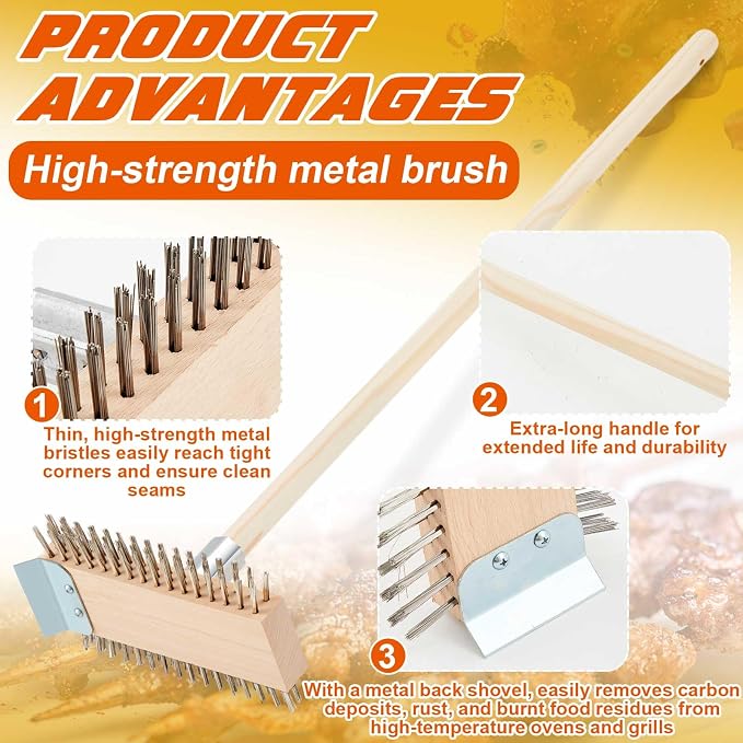2 Pcs Stainless Steel Grill Brushes, Grill Scraper with 30'' Long Wooden Handle Commercial Oven Charbroiler Cleaning Brush for Outdoor Kitchens BBQ Restaurants