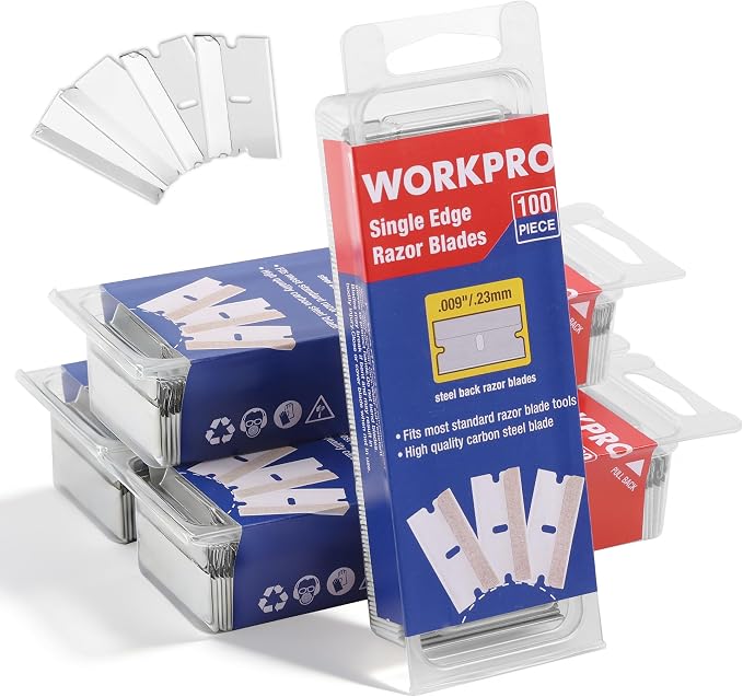 WORKPRO 400-Pack Single Edge Razor Blades, Carbon Steel Scraper Blades | Bulk 400-Pack, High Carbon Steel, Sharp Single Edge Blades, Fits Standard Scrapers for Paint, Sticker & Label Removal