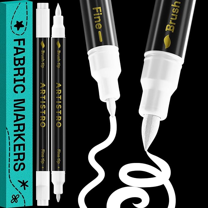 ARTISTRO 2 White Dual-Tip Fabric Markers Decorating Kit Permanent for Cloth | Brush & Fine Tip, Acrylic Paint Pens for Sneakers, Bags, Shoes, Textiles, Canvas, Sewing, Craft, & DIY