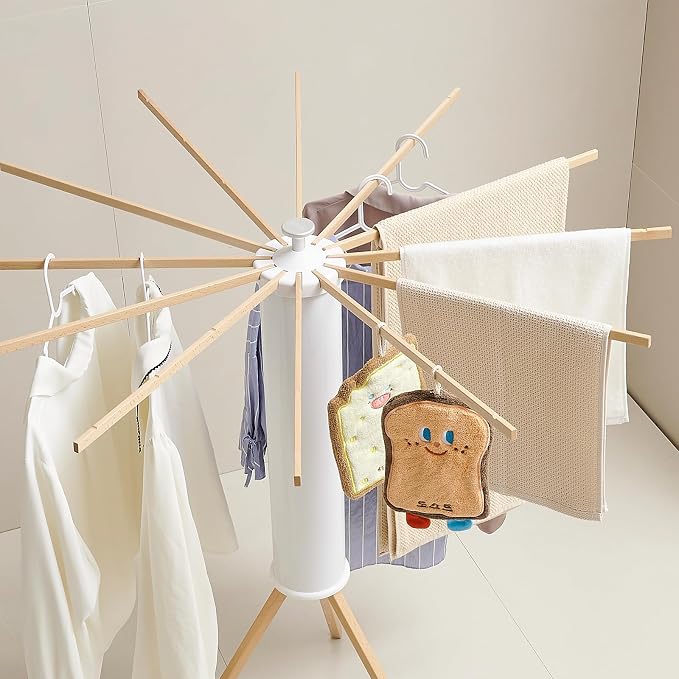 JOOM Tripod Clothes Drying Rack, Garment Rack Portable and Foldable Space Saving Laundry Drying Rack - Drying Rack Clothing 12 Rods Wooden