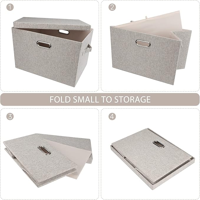 Graciadeco Large Quart Collapsible Stackable Storage Bins with Lids, 3 Packs Beige Linen Fabric Closet Boxes with Lids, Storage Cube Baskets Container Organizers for Bedroom Office(16.6 x 11.7 x 10.8)