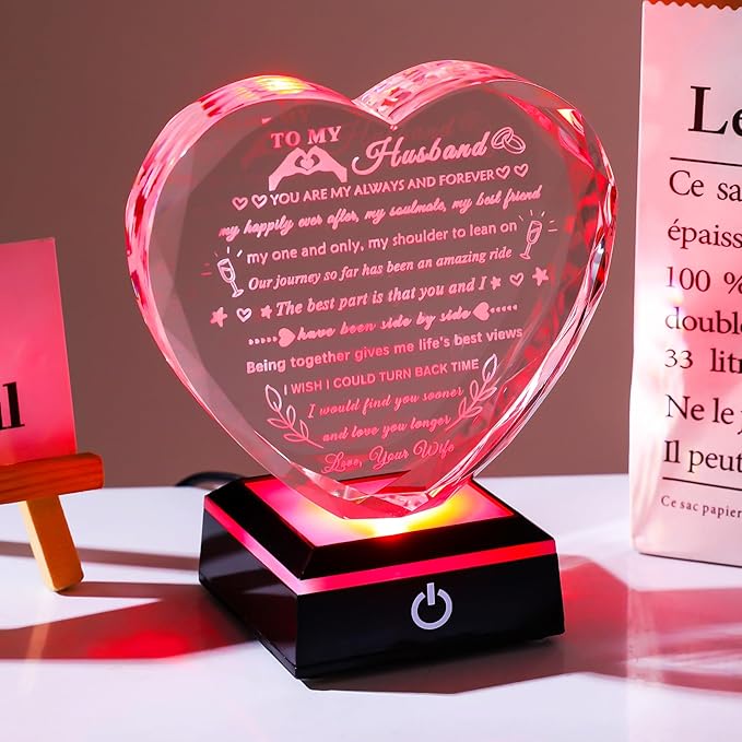 YWHL Gifts for Husband from Wife with Colorful LED Base Anniversary Birthday Gifts for Husband to My Husband Crystal Heart keepsake I Love You Gifts for Him on Valentine Christmas Fathers Day