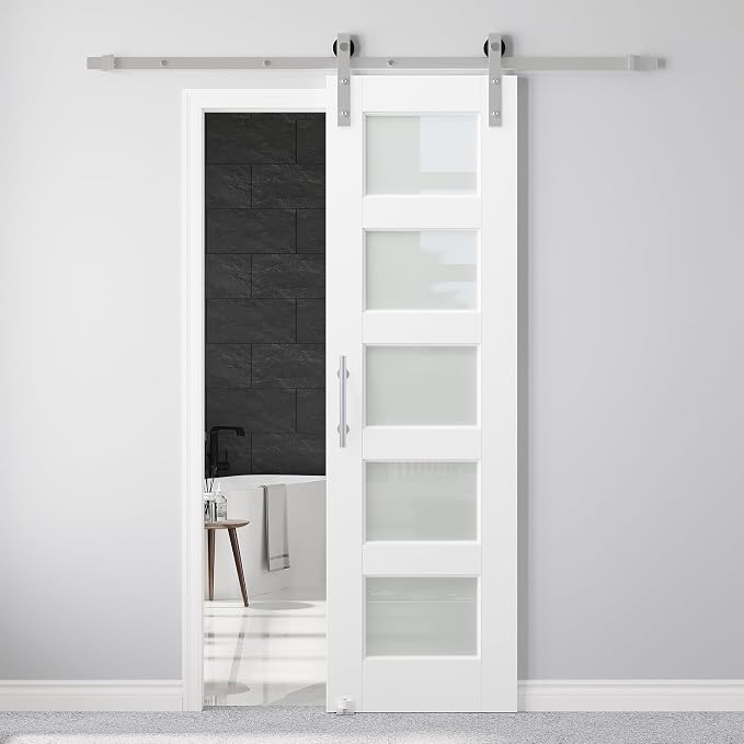 24" x 80" Pre-Assembled Barn Door and 6FT Sliding Door Hardware Kit Included & Handle, 5-Lite Frosted Glass White Sliding Barn Door for Closet Bathroom Bedroom, Solid & Water-Resistant MDF, Paintable