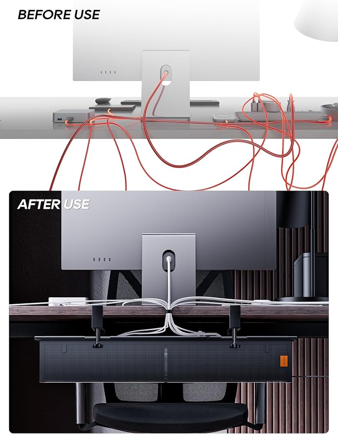 27" No Drill Under Desk Cable Management Tray (Black) | Fire-Resistant Thickened Nylon Material, Clip-on Cord Organizer to Hide Power Strip, Heat Dissipation Mesh Design, for Office