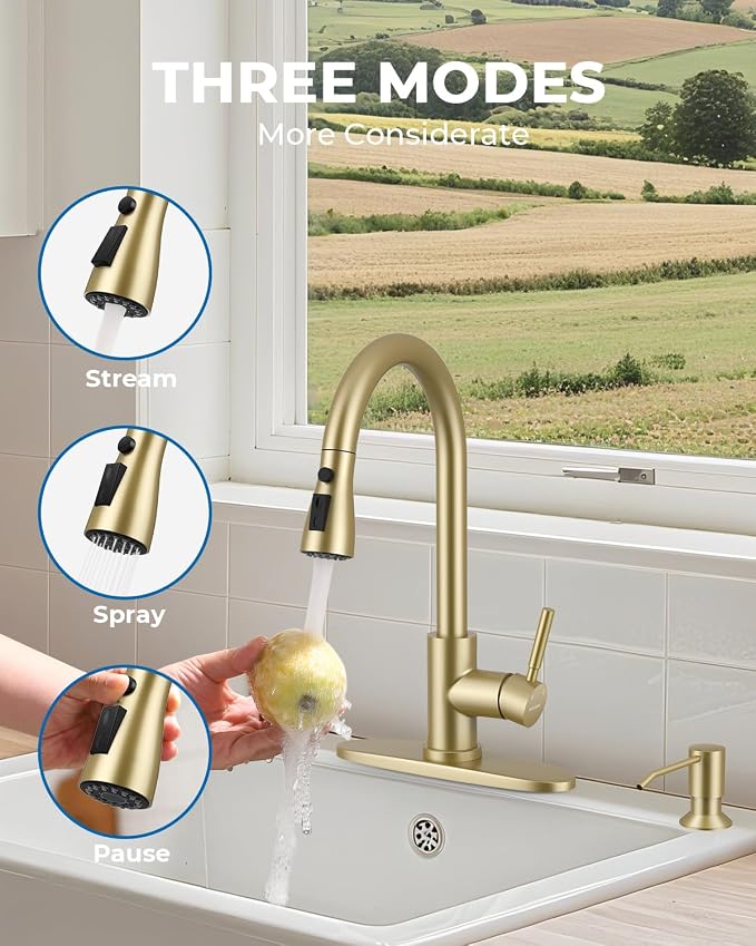WEWE Kitchen Faucet with Soap Dispenser and Pull Down Sprayer, RV Single Handle Classic 3 Modes Stainless Steel Faucet for Kitchen Sink, RV, Gold