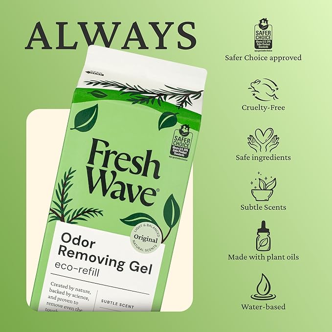 Fresh Wave Odor Removing Gel Eco-Refill, 63 oz. Original Scent | 2 Empty Refillable Glass Jars | 2 Room Set