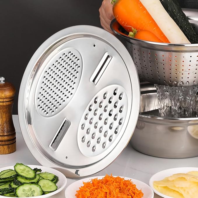 Stainless Steel Kitchen Grater with 26cm Strainer Basin, Multipurpose Vegetable Peeler Grater Set for Fruit Slicing and Salad Preparation, 3pcs Multifunctional Cutting Bowl