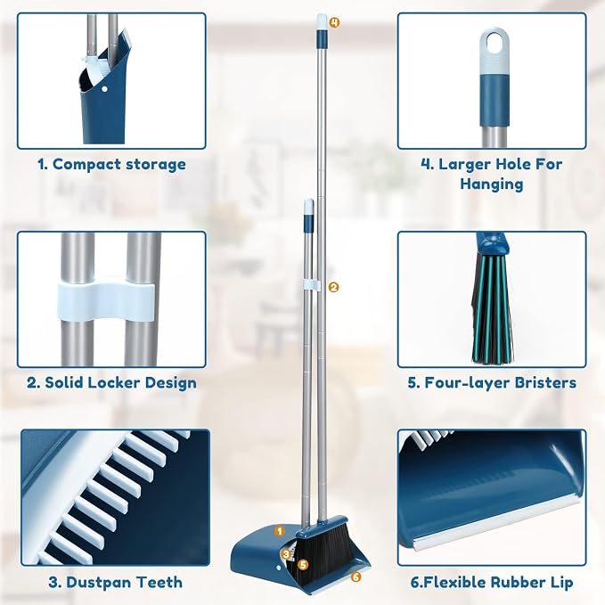 TreeLen Standing Dustpan and Broom Set with 52 Inch Long Extendable Handle for Cleaning Home, Interiors, Kitchens, Office Lobby Floors, Blue