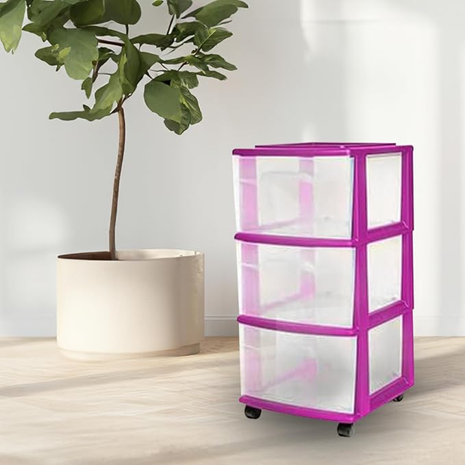 HOMZ 2-Pack Drawer Tower, 3-Tier Clear Plastic Storage Organizer Cart, Purple Frame - Organizing Containers with Wheels for Home, Bathroom, Bedroom, Office, and Classroom
