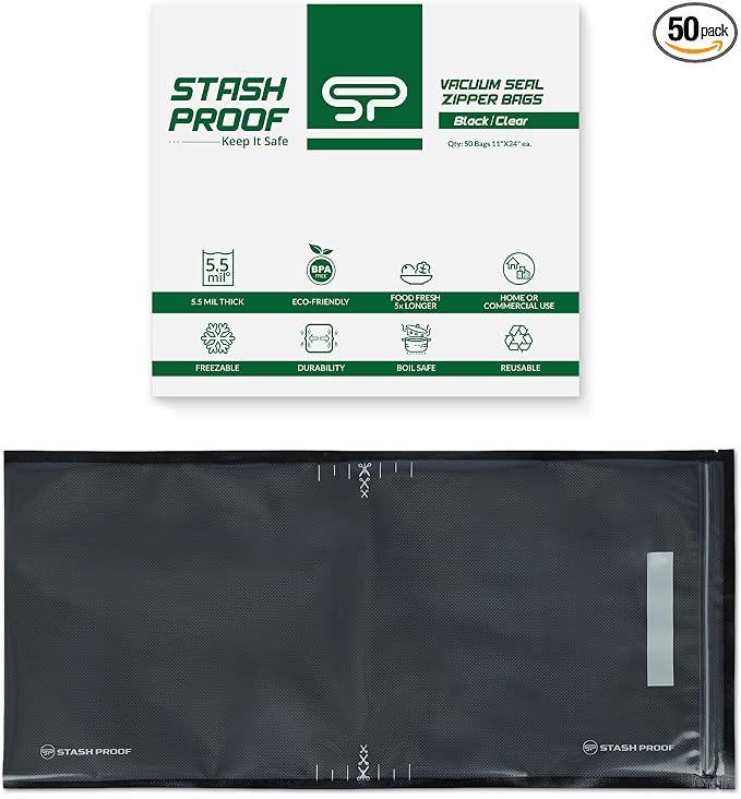 Resealable Vacuum Seal Zipper Bags 11" x 24" (50 Count) 5.5 Mil (Black & Clear) Precut BPA Free Heavy-Duty Commercial Grade Reclosable Bag, Sous Vide, Meal Prep, Freezer Storage & Food Preservation