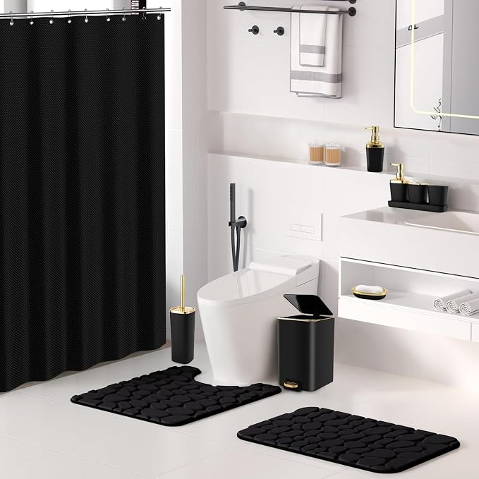 Bathroom Sets with Shower Curtain and Rugs Bathroom Accessories Set Black Bathroom Set,Soap Dispenser & Toilet Brush Holder Set with Stainless Steel Trash Can(23 PCS)