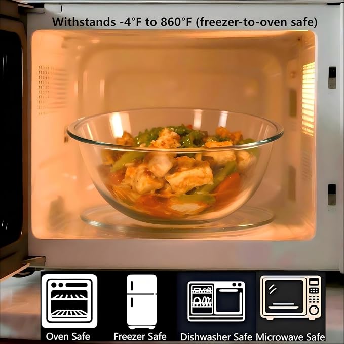 Large Borosilicate Glass Mixing Bowls, Set of 2 (6.4QT, 3.7QT) - Heavy-Duty, Stackable & Lead-Free. Oven, Microwave, Dishwasher & Freezer Safe. Ideal for Sourdough, Baking, Prepping, Serving.