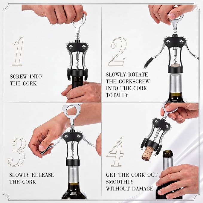 Hushee 5 Pcs Wing Corkscrew Opener, Zinc Alloy Heavy Duty Multifunctional Wine Bottle Opener for Restaurant, Bar, Waiters, Ideal for Wedding Shower Party Favors Gifts (Silicone,Black)