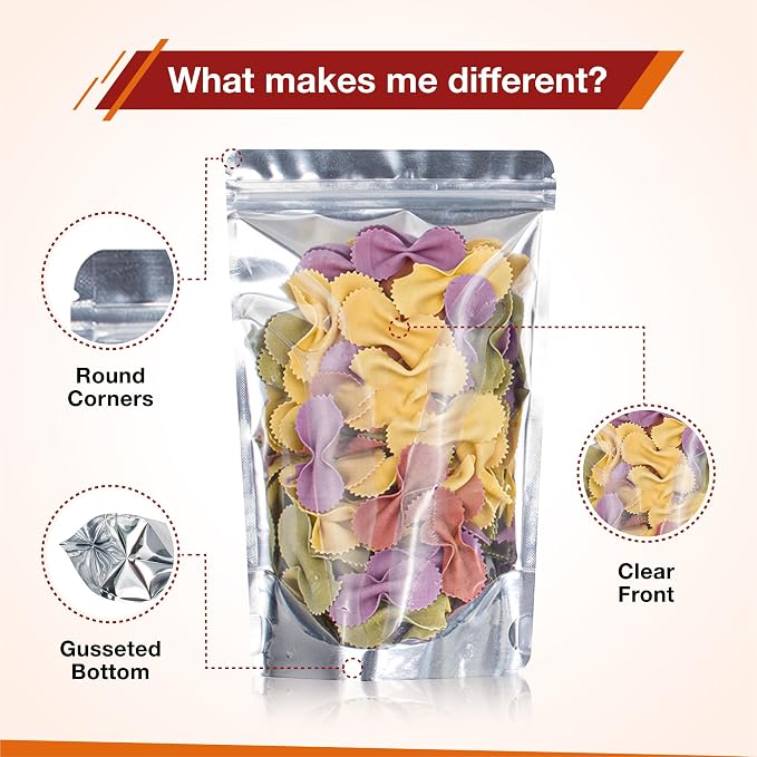 BELLE KR® Mylar Bags for Food Storage- Pack Of 100 (30 Pieces 4"x6" and 5"x8" and 40 Pieces 6"x9") Resealable Mylar Ziplock Bag with 7.5mil Thickness with Labels