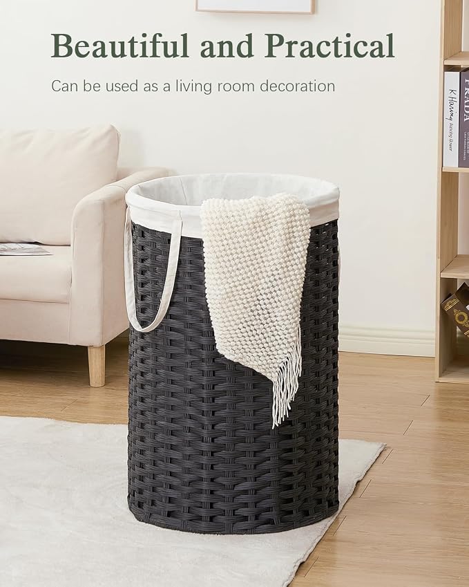 SETVSON 34.3 Gal (130 L) Large Laundry Hamper Laundry Basket Round Handwoven Wicker Laundry Baskets Rattan Laundry Basket with Removable Bag Handles 2 Mesh Bags for Living Room Bedroom Black (No Lid)