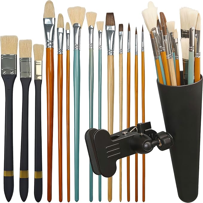 14 Paint Brushes Set with Brush Holder, Includes Hog Bristle & Weasel Hair Brushes for Oil, Acrylic, and Watercolor, Rotating Metal Clamp Convenient Storage and Positioning During Painting