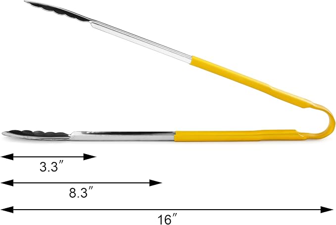 New Star Foodservice 16 Inch Utility Spring Tongs, Set of 12, Commercial Restaurant Grade Stainless Steel Tongs with Yellow Vinyl Coated Handles