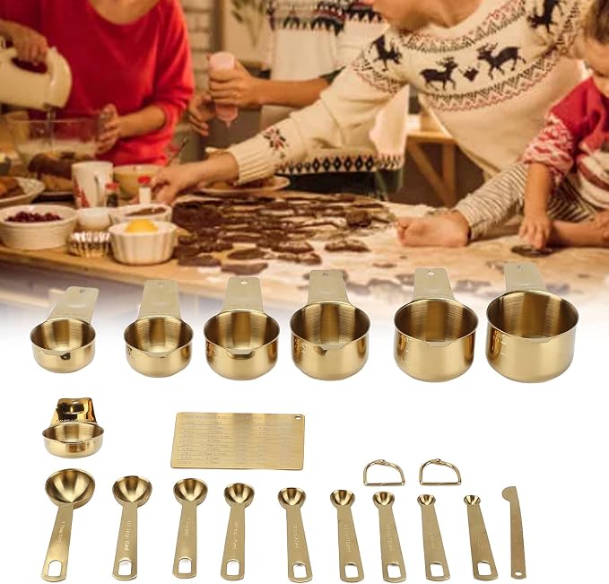18PCS Gold Measuring Cups and Spoons Set, Stainless Steel Measuring Cups Spoons with Buckle and Scale Plate, Kitchen Baking Tools