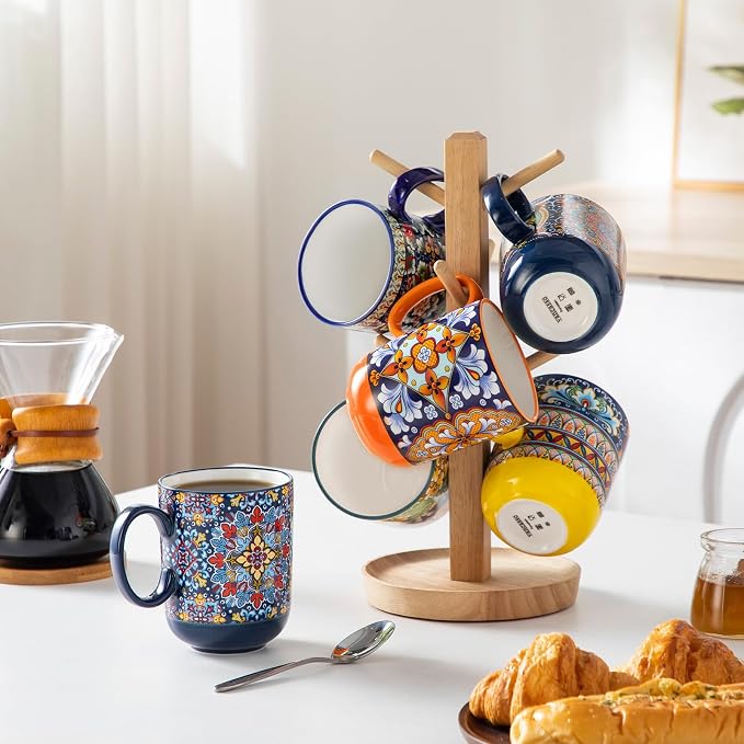 vancasso Simi Boho Coffee Mugs Set of 6, 14 oz Ceramic Mugs with Handle, Colorful Porcelain Cups Microwave Dishwasher Safe, for Latte Tea Cappuccino Cocoa Hot Chocolate