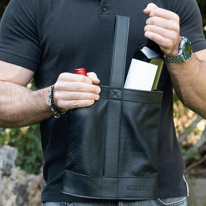 Double Wine Carrier Bag – Leather Wine Tote for Two Bottles with Handle – Protective Carrier for Picnic, Wine Champagne Gift Bag (Black)