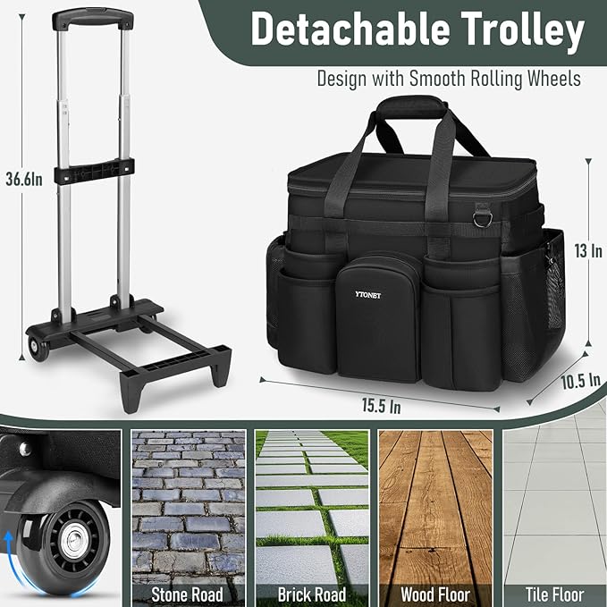 Ytonet Cleaning Caddy with Wheels, Large Rolling Cleaning Caddy Bag with Detachable Trolley for Housekeepers, Water Resistant Cleaner Supplies Organizer with Wheels for Kitchen, Car, Tool Organizer