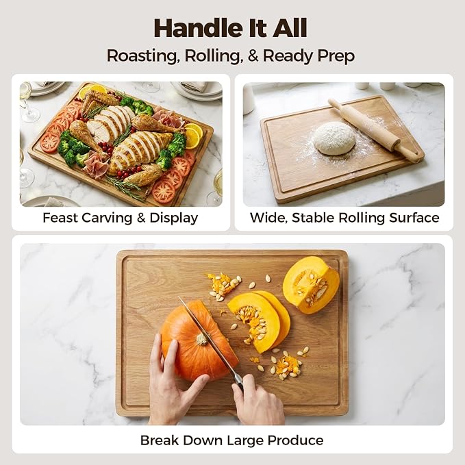 Large Acacia Wood Cutting Board for Kitchen, 17x12 Inch | Solid Acacia Wood, Butcher Block Size for Large Meal Prep, 0.7-Inch Thickness, Deep Juice Grooves, Non-Slip Feet