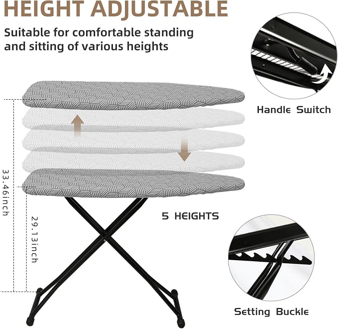 Ironing Board Adjustable Height Folding Ironing Board with Iron Pad, Heat-Resistant Cover, Thick Steel Tube Compact Iron Board (Grey)