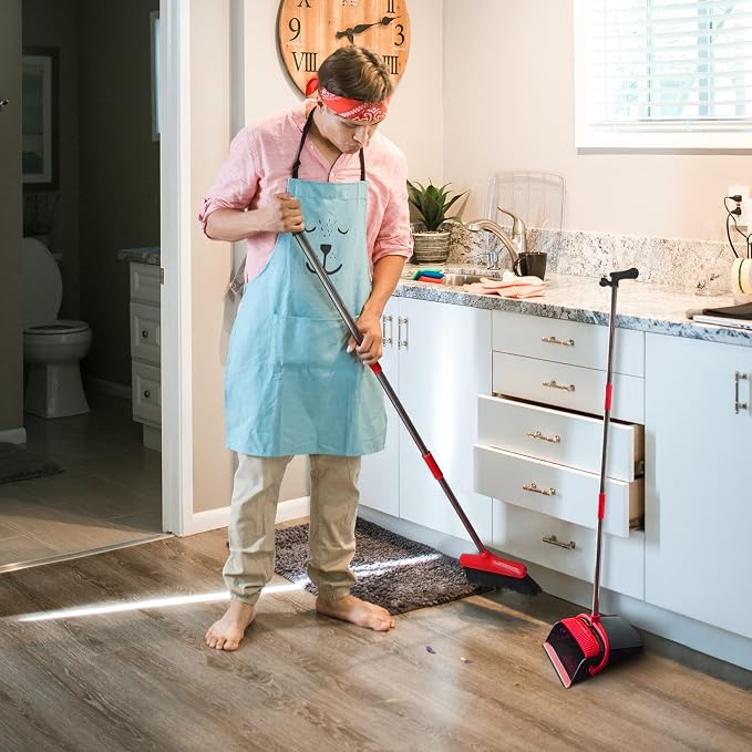 Broom and Dustpan Set (54") Long Handle Home Cleans Collapsible Broom with Dustpan Combo for Sweeping Dorm Classroom Lobby Kitchen Office (Black and Red)
