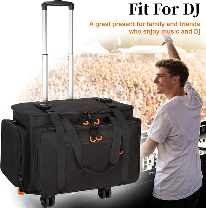 Rolling Dj Cable Bag with Laptop and Microphone Pocket, Dj Bag for Equipment and Music Accessories with Detachable Dividers, Bottom Pad, Dj Gig Bag for Musicians, Professional, Travel, Orange