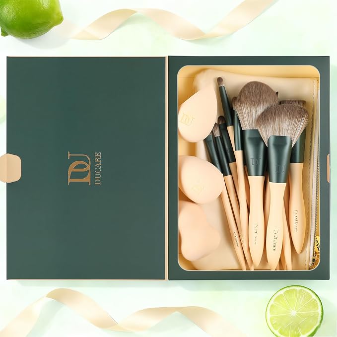 DUcare 18 Makeup Brushes Set Makeup Sponges Cosmetic Bag | Powder Foundation Contour Blush Concealer Eye Shadow Blending Liner Make Up Brush Kit