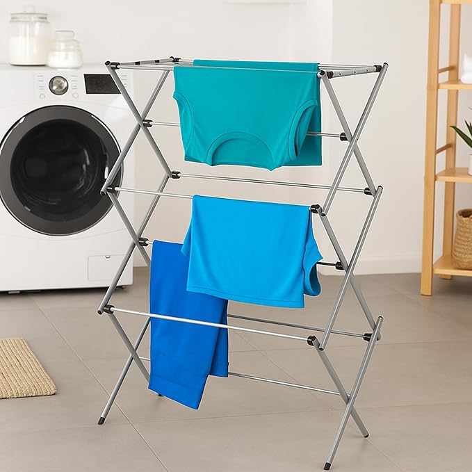 Honey-Can-Do 6-Tier Collapsible Steel Clothes Drying Rack, 24 ft, White | 6-tier steel rack with 24 ft of drying space folds flat to 3 in. Coated bars are gentle on delicates; 50 lb capacity.