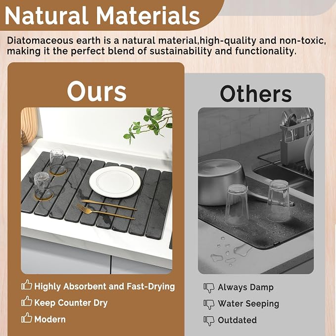 Large Stone Dish Drying Mat for Kitchen Counter, Quick Dry Stone Dishes/Bath Mats,Foldable Water Absorbing Diatomaceous Earth Drying Organizer Pad for Plate Rack Bottles Utensils(Dark Gray 24"×16")