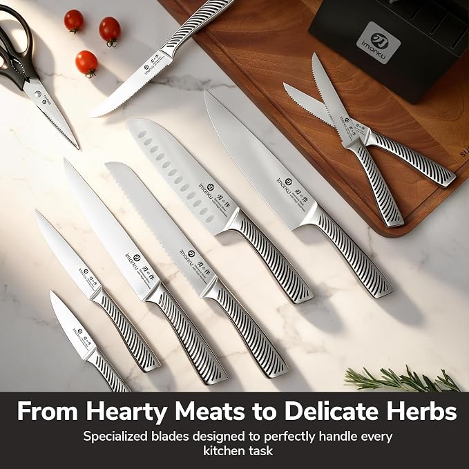 Imarku 14-Piece Japanese Gyutou Stainless Steel Knife Set with Block | 15° Precision Edge | 56±2 HRC Hardness | Full-Tang Build for Perfect Balance | Built-in Sharpener for Easy Maintenance
