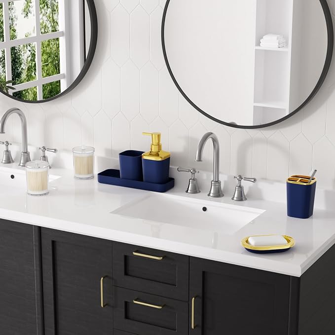 XLHOMO Bathroom Set, 9PC Bathroom Accessory Set, Blue Bathroom Accessories, Blue Bathroom Set, Trash Can, Soap Dispenser for Home Decor