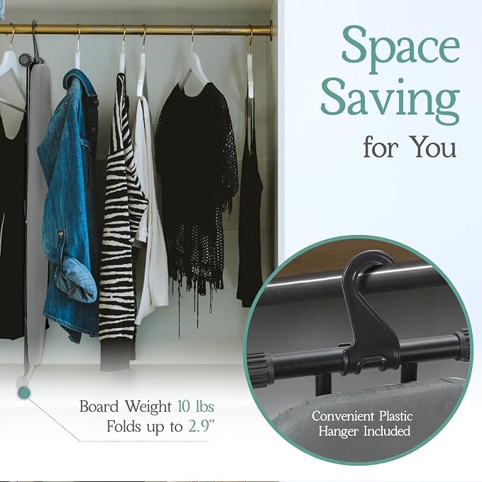 BlissBoard Full Size Ironing Board 54x14 Modern Gray | Heavy Duty Iron Table with Extra Thick Padded Cotton Cover, 7 Heights Adjustable, Heat-Resistant Iron Rest & Hanging Hook