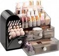 Delamu Makeup Organizer for Vanity with Closed Brush Holder, Large Bathroom Counter Organizer with Drawers, Skincare Organizers for Countertop, Storage Perfume Cosmetic Lipstick Beauty (Black)