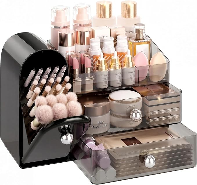 Delamu Makeup Organizer for Vanity with Closed Brush Holder, Large Bathroom Counter Organizer with Drawers, Skincare Organizers for Countertop, Storage Perfume Cosmetic Lipstick Beauty (Black)