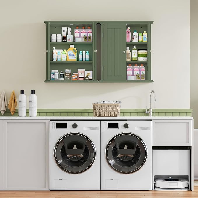 ChooChoo Bathroom Wall Cabinet, Over The Toilet Space Saver Storage Cabinet, Medicine Cabinet with 2 Door and Adjustable Shelves, Cupboard, Green