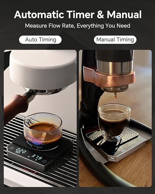 Espresso Scale with Timer - MUVNA Mini Coffee Scale 0.1g Precision Rechargeable, Metal Body Portable Digital Scale for Pour Over/Espresso with Flow Rate Display, Automatic Timing, Black