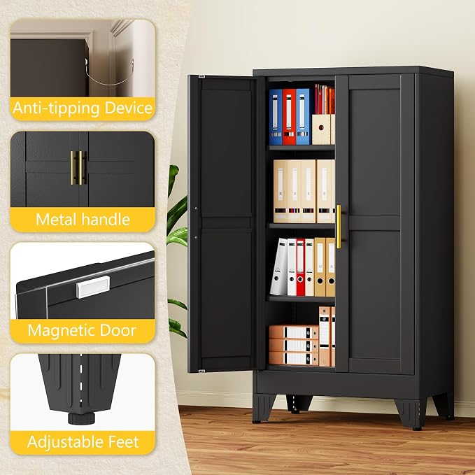 PAOFIN Metal Storage Cabinet with 2 Doors and 3 Adjustable Shelves, Metal Garage Storage Cabinets, File Cabinet,Steel Tool Cabinets for Home,Office,Garage,School,Warehouse(Black)