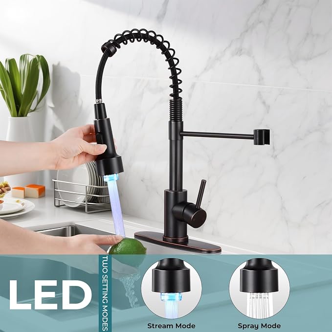 Kitchen Faucet with LED Pull Down Sprayer ORB | 2-mode sprayer, 360° high arc spout, 304 SS build, drip-free valve, fingerprint-resistant, DIY install, 500K cycle tested