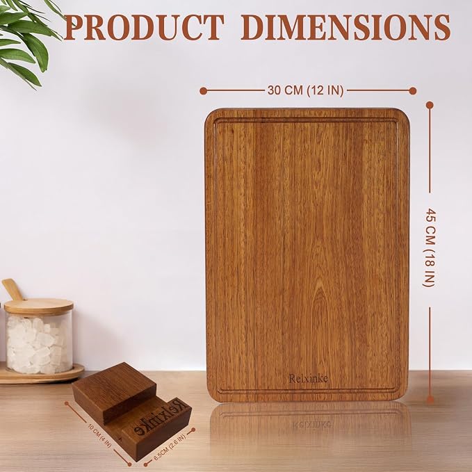 Solid Teak Wood Cutting Board One Piece Non Glued Large Thick Crack Resistant Wooden Chopping Board with DeepJuice Grooves Built in Handles for Kitchen Meat Vegetable 17.7x11.8 IN