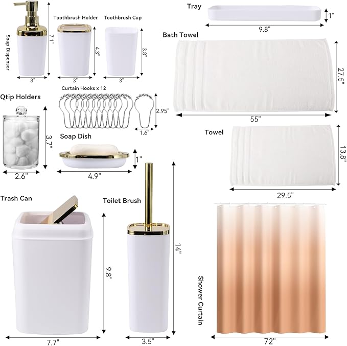 XLHOMO White Bathroom Accessories, 24 Pieces White Bathroom Accessories Set with Shower Curtain, Bath Towels, Trash Can, Soap Dispenser and Soap Dish for Bathroom/Housewarming