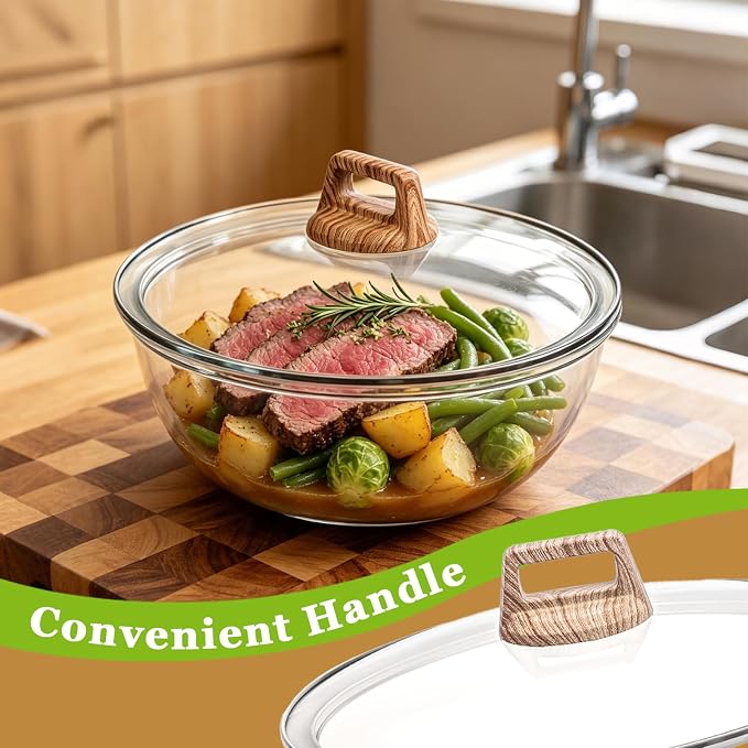 6.5 Qt Large Glass Mixing Bowl with Glass Lid, Clear Glass Bowl for Sourdough Salad Bowls with Lid & Square Handle,Thickened Glass Big Mixing Bowls Cooking Bowl for Food Prep, Kitchen,Dinner