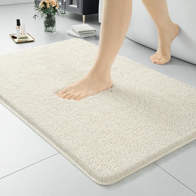 LOCHAS Luxury Bathroom Rug Shaggy Bath Mat 20 x 30 Inch, Cream White | Washable Non Slip Bath Rugs for Bathroom Shower, Soft Plush Chenille Absorbent Carpets