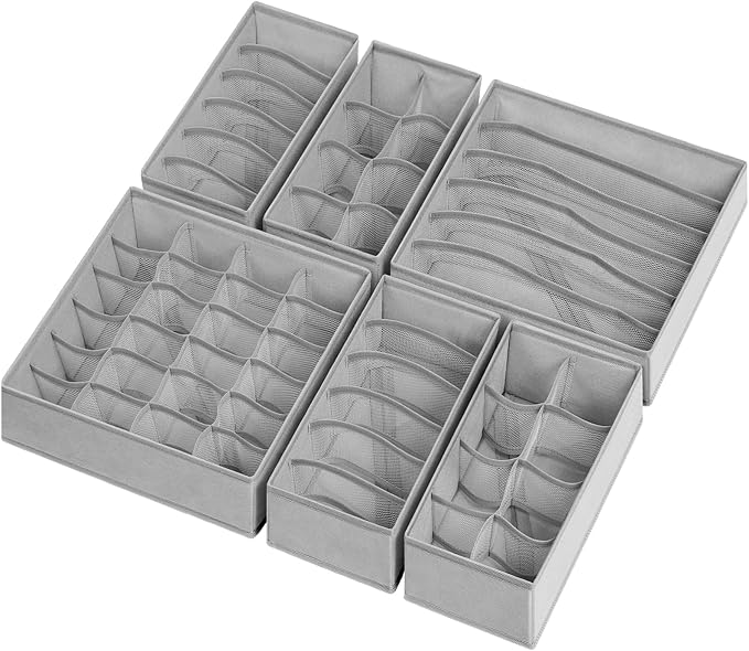 Criusia 6 Pack Sock Underwear Drawer Organizer Dividers, 58 Cell Foldable Fabric Dresser Closet Organizers and Storage Bins for Clothing, Baby Clothes, Bra, Panty, Scarf, Ties (Grey)