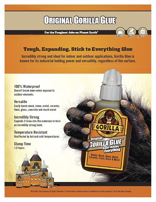 Gorilla Original Waterproof Polyurethane Glue, 36 ounce Bottle, Brown, (Pack of 8)