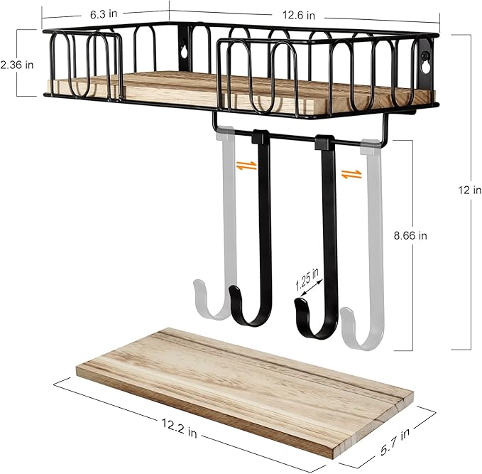 TJ.MOREE Ironing Board Hanger Metal Wall Mount Iron and Ironing Board Holder, Laundry Room Decor and Storage with Large Storage Black Wooden Base Basket and Removable Hooks