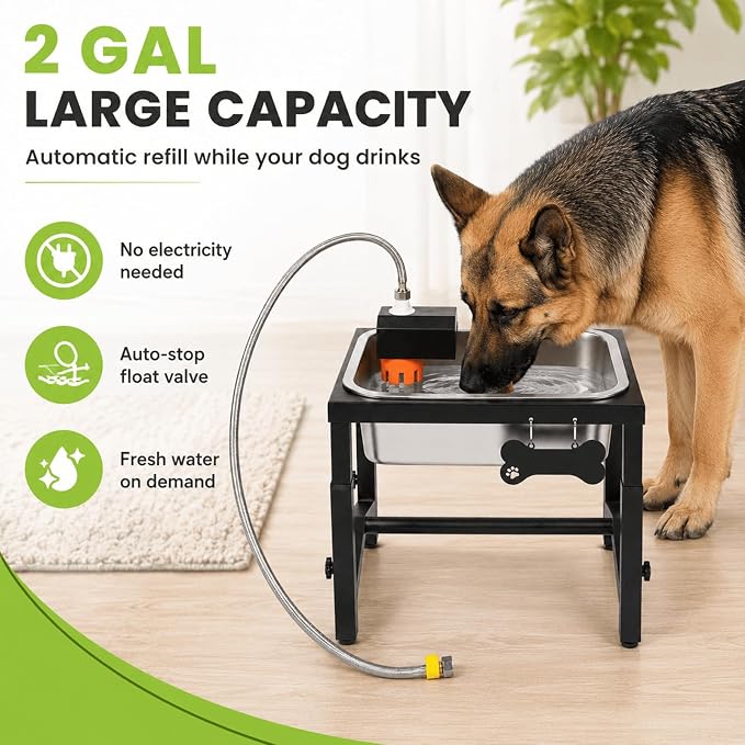 2 Gallon Elevated Large Dog Water Bowl, Automatic Dog Water Bowl Dispenser, 4 Adjustable Height Raised Dog Bowl Stand for Large Breed Relief Joint Pressure, Easy Clean for Indoor & Outdoor Uses